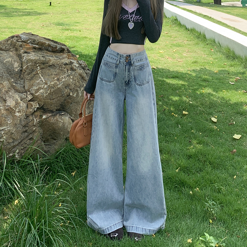 点赞71824#浅蓝美式阔腿牛仔裤女新款高腰显瘦设计感百搭拖地裤