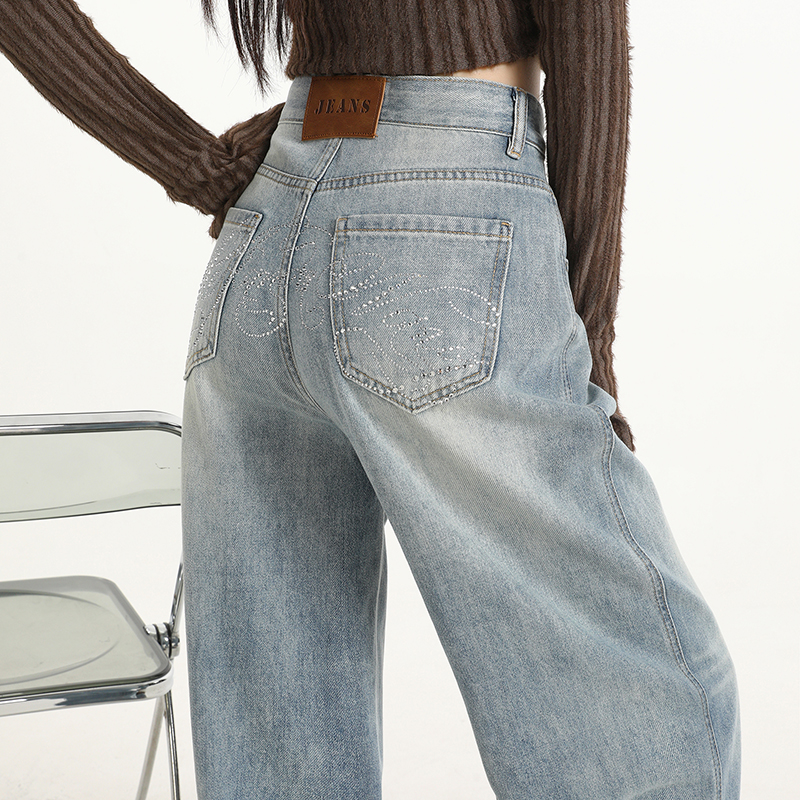 点赞1840#浅蓝重工烫钻牛仔裤女新款设计感宽松垂感直筒阔腿裤子