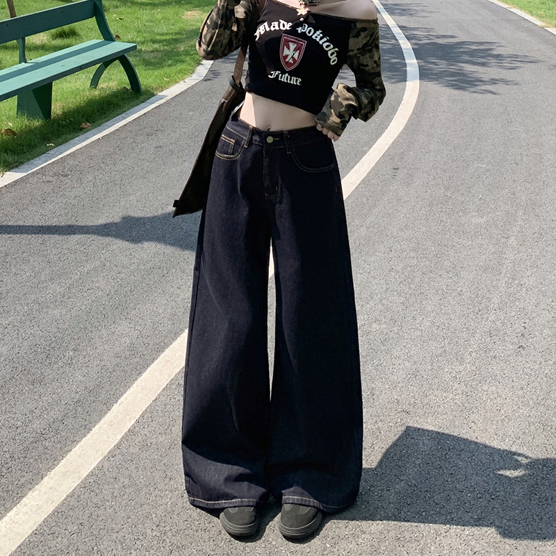 点赞177#深蓝色阔腿牛仔裤女新款宽松显瘦垂感百搭丹宁拖地裤子