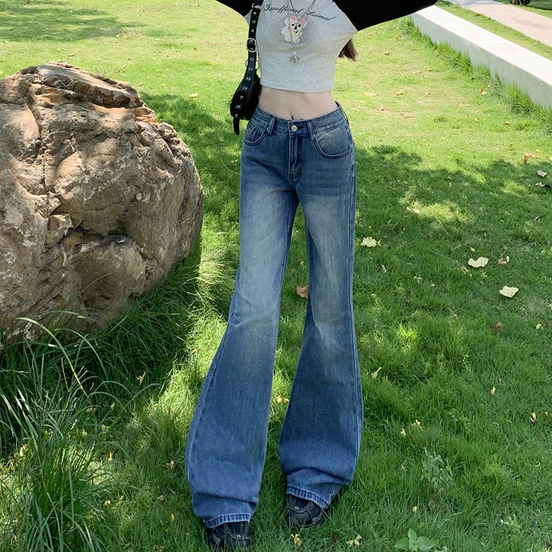 点赞7717#复古低腰微喇牛仔裤女新款深蓝色显瘦不贴腿拖地喇叭裤