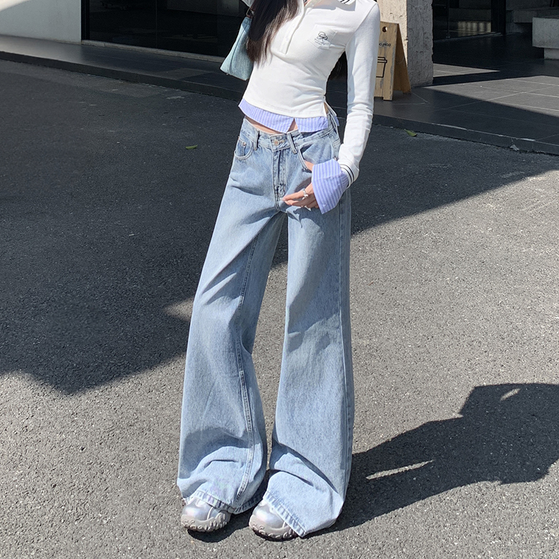 点赞4730#浅蓝色微喇牛仔裤女新款美式不贴腿垂感宽松低腰喇叭裤