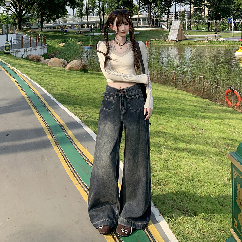 点赞71824#水泥灰美式阔腿牛仔裤女新款高腰显瘦设计感百搭拖地裤 XS 水泥灰长裤