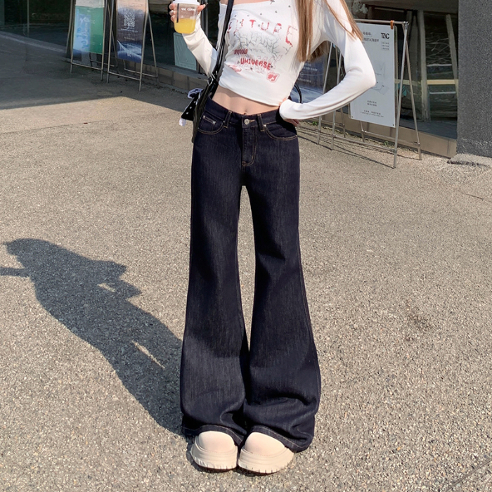 点赞8812#深蓝微喇叭牛仔裤女款百搭宽松显瘦垂感拖地喇叭裤子