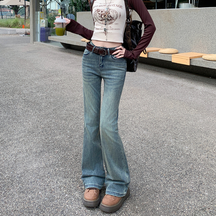 点赞1687#美式复古微喇牛仔裤女新款辣妹弹力小个子高腰喇叭裤子