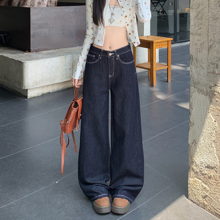 点赞4668#深蓝美式休闲直筒牛仔裤女春秋高腰宽松休闲阔腿长裤