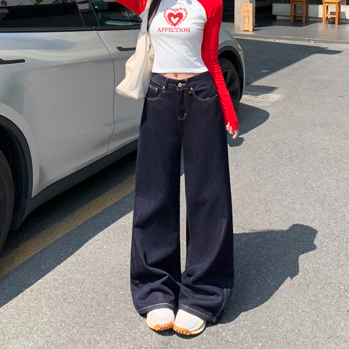 赞5779#深蓝色美式阔腿牛仔裤女新款高腰显瘦设计感百搭拖地裤1