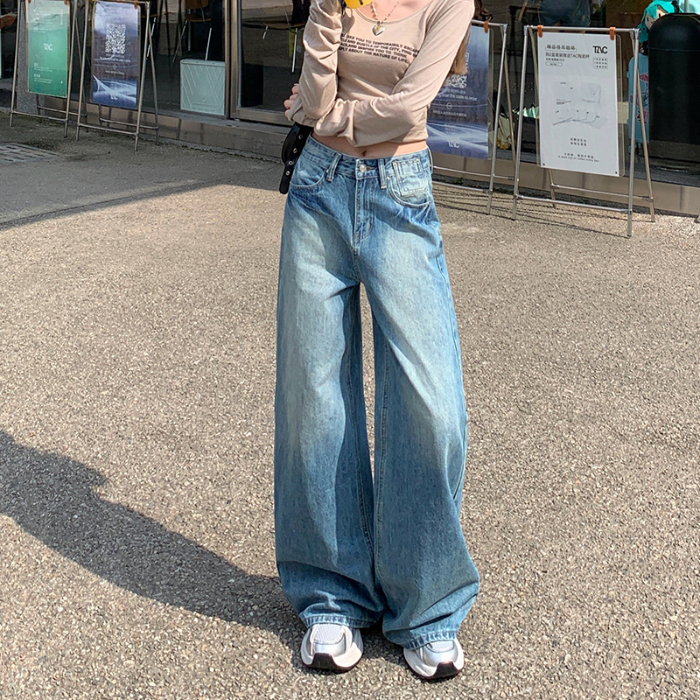 点赞2025#新款美式复古水洗宽松直筒牛仔裤女百搭垂感拖地阔腿裤1