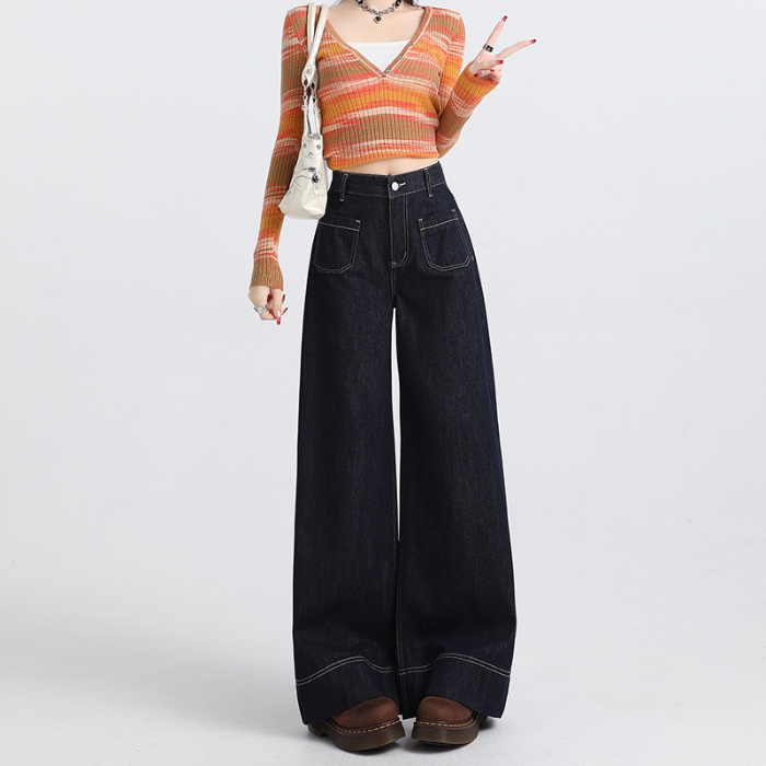 点赞979#丹宁色阔腿牛仔裤女新款高腰宽松显瘦深蓝色直筒拖地裤子