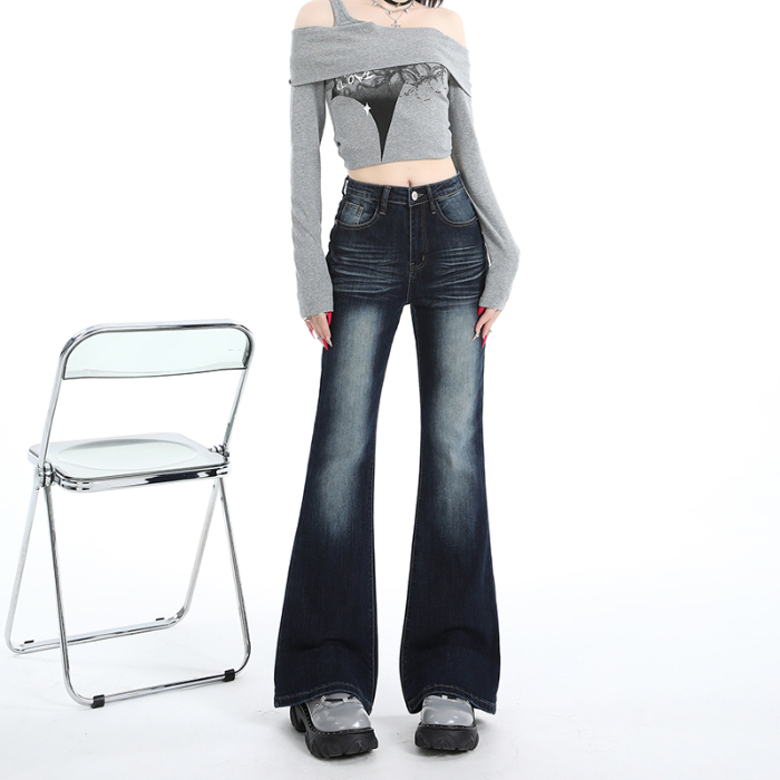 点赞8340#深蓝高腰微喇牛仔裤女美式不贴腿弹力辣妹直筒喇叭裤