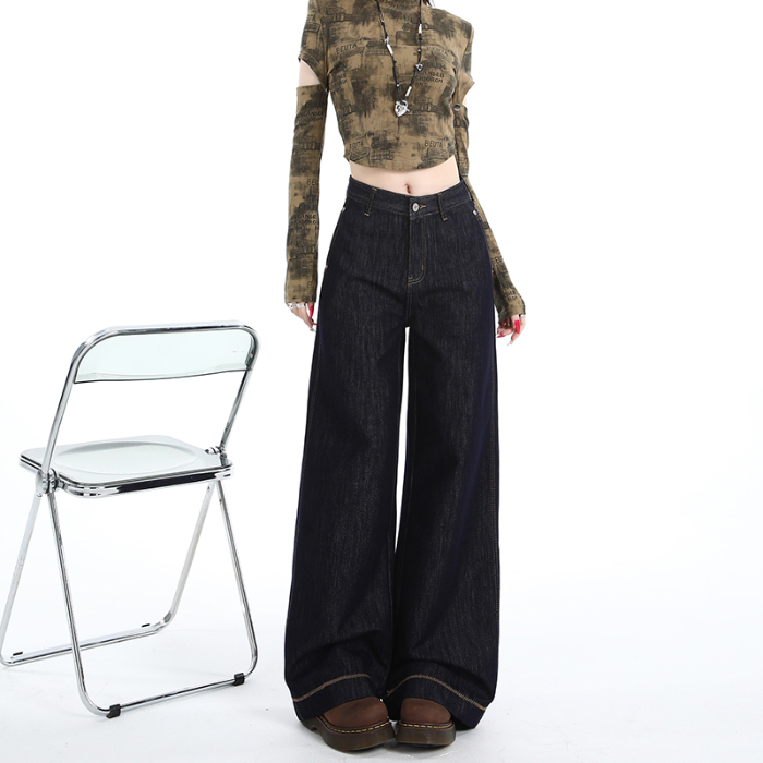 点赞2215#深蓝色美式阔腿牛仔裤女新款高腰显瘦设计感百搭拖地裤