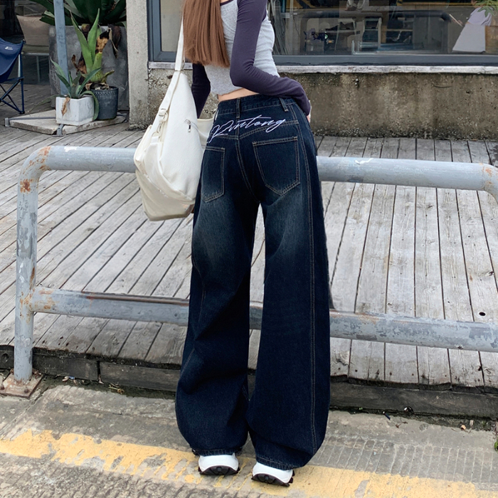 点赞1101#美式复古刺绣弯刀阔腿牛仔裤女新款高腰直筒宽松拖地裤4 XS 兰灰长裤