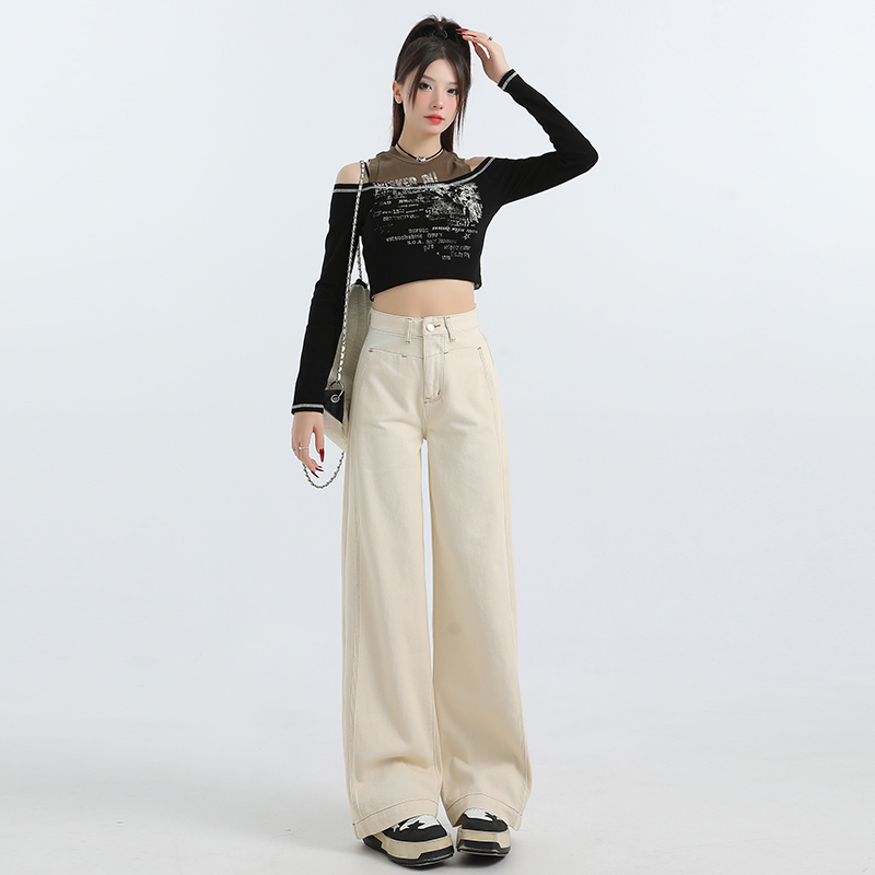 点赞6232#杏色阔腿牛仔裤女秋季新款宽松高腰垂感美式直筒裤子