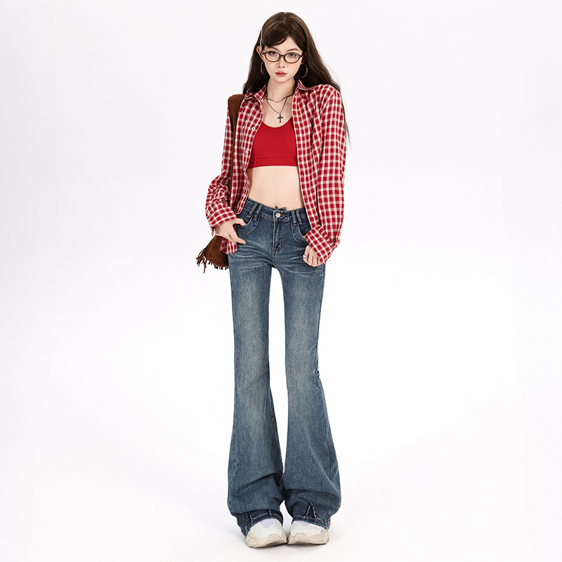 点赞0203美式高街水洗猫须低腰微喇裤女修身显瘦百搭垂感牛仔裤2