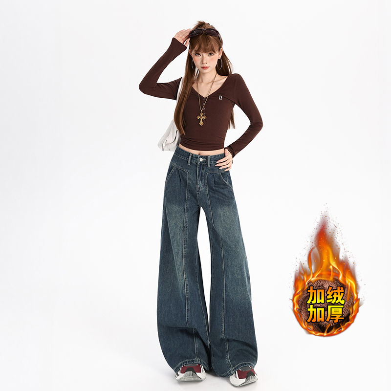点赞7301#加绒7300#单款复古阔腿牛仔裤女新款高腰显瘦垂感宽松5