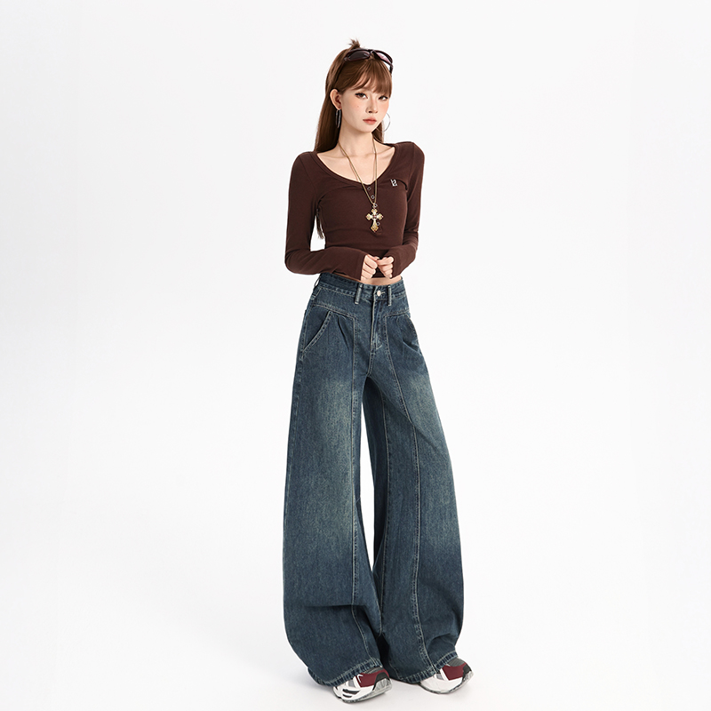 点赞7300#复古阔腿牛仔裤女新款高腰显瘦收腰梨形身材宽松直筒裤1