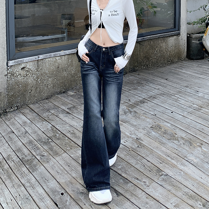 点赞8340#深蓝高腰微喇牛仔裤女美式不贴腿弹力辣妹直筒喇叭裤