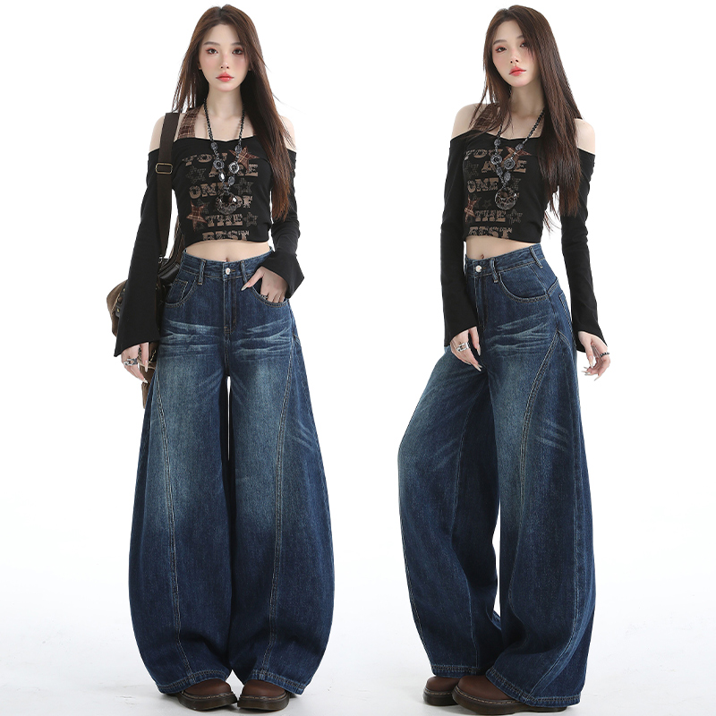 点赞2160美式复古高街阔腿牛仔裤女高腰设计感直筒宽松拖地弯刀裤