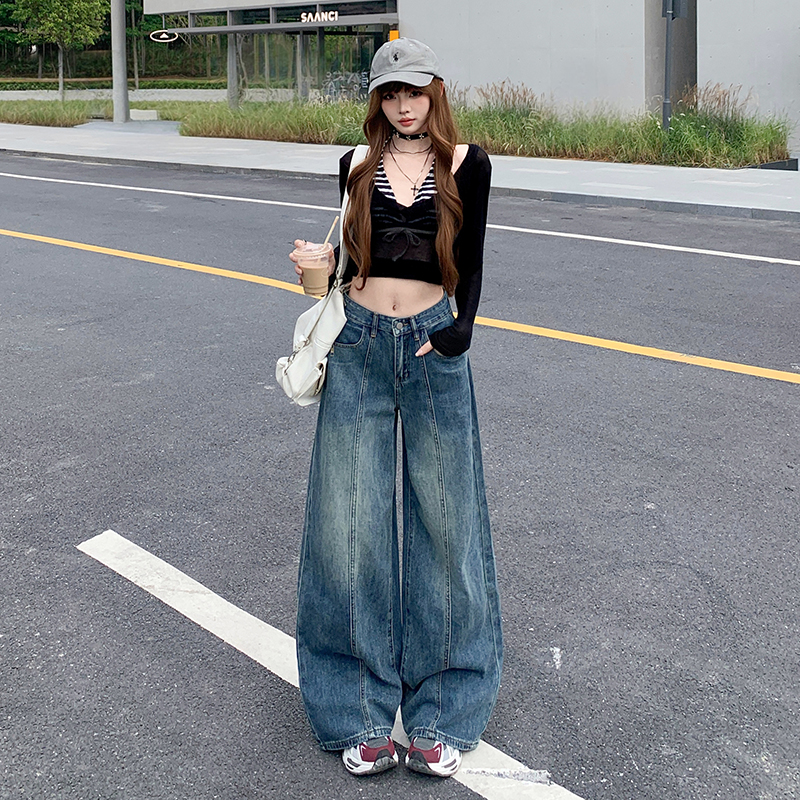 点赞8345#美式复古阔腿牛仔裤女新款高腰显瘦垂感宽松拖地直筒裤1