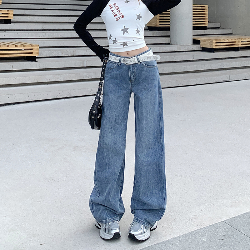 点赞0096#美式复古辣妹低腰宽松直筒牛仔裤女阔腿垂感百搭拖地裤