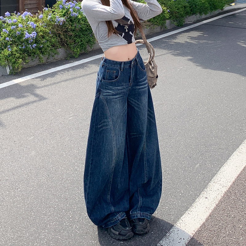 点赞2160美式复古高街阔腿牛仔裤女高腰设计感直筒宽松拖地弯刀裤