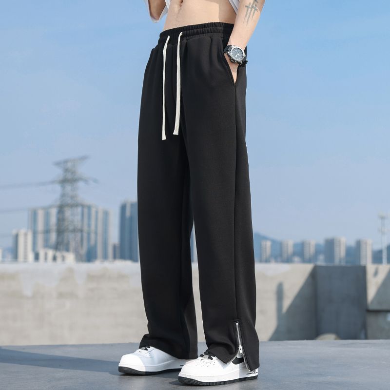 G75 秋冬宽松直筒高街休闲裤男士开叉拉链潮牌拖地裤松紧针织长裤子男