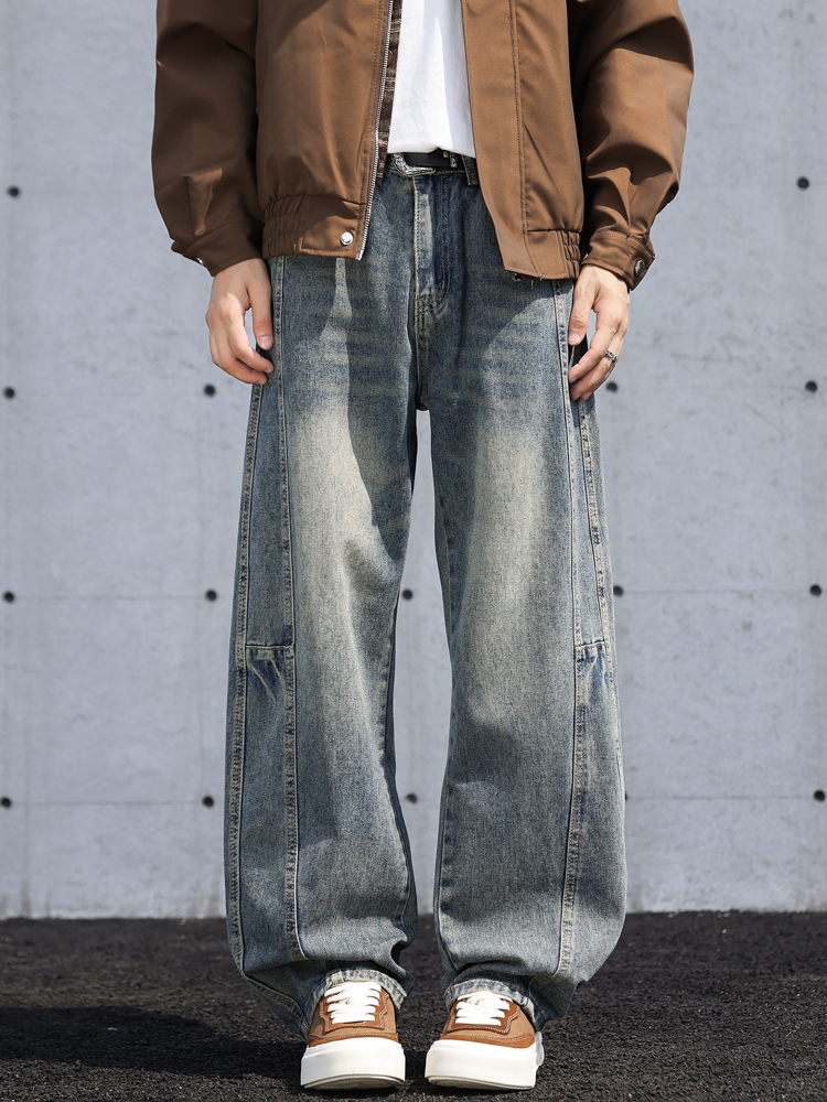 美式复古弯刀牛仔裤男女新款潮牌宽松设计感cleanfit直筒阔腿长裤 M 复古蓝