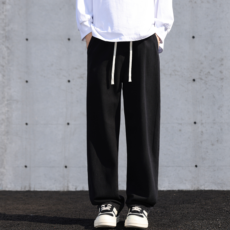 H36 秋冬男生牛仔裤男美式宽松直筒裤子复古休闲松紧腰系带青少年学生