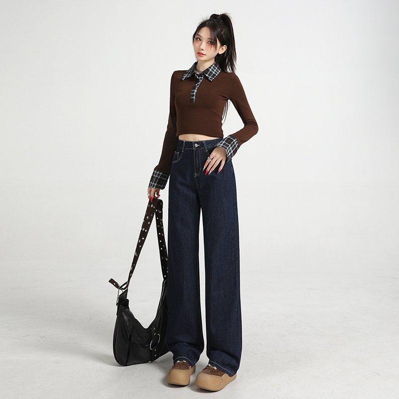 复古阔腿牛仔裤女秋季2025新款高腰遮胯小个子窄版宽松直筒拖地裤 XS 深蓝【高品质】