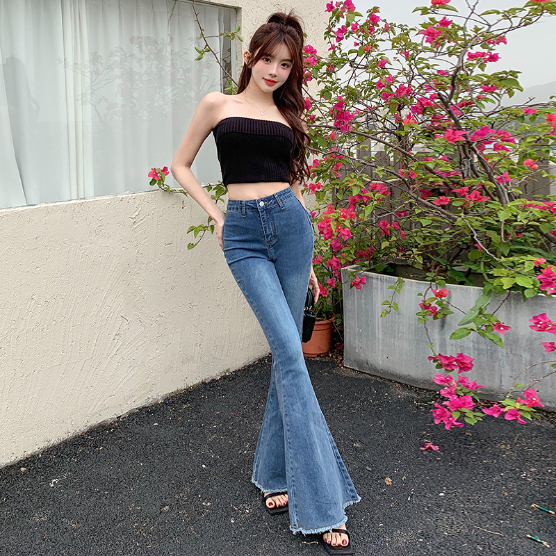 亦菲同款后腰蝴蝶结微喇牛仔裤女夏薄2025新款高腰显瘦翘臀喇叭裤 XS 蓝色