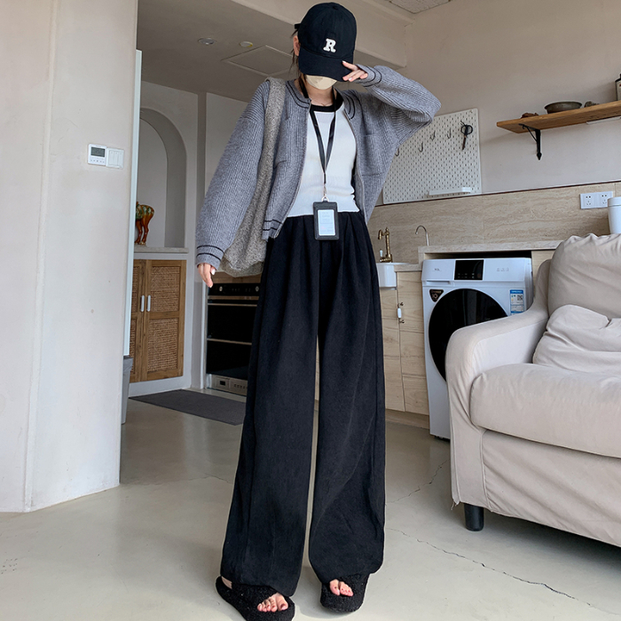 灯芯绒西装裤女秋冬季2025高级感垂感加厚休闲直筒加绒棕色阔腿裤 S 2290黑色