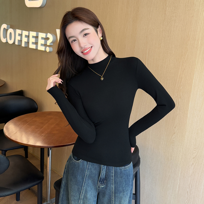 黑色半高领正肩长袖t恤女早秋季2025新款修身内搭打底衫中领上衣 S 黑色