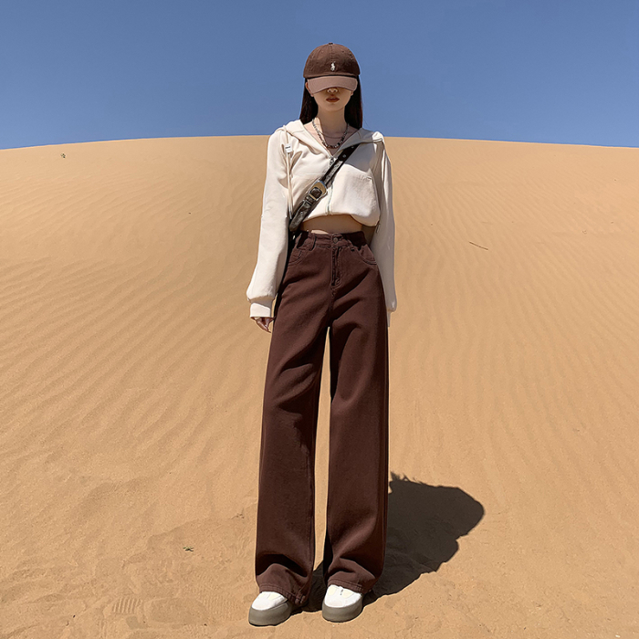 女士窄版直筒美式复古牛仔裤2025春秋新款高腰显瘦时尚潮流阔腿裤 XS 巧克力色