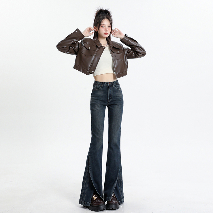 高腰开叉微喇叭牛仔裤女春夏季2025新款垂感弹力百搭显瘦马蹄裤子 XS 浅蓝