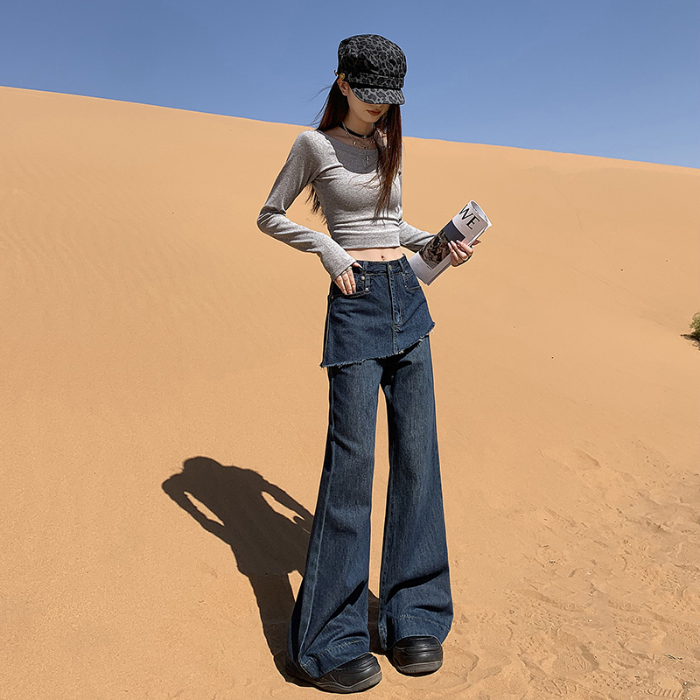 裤裙一体假两件牛仔裤女2025春秋复古斜边裁剪辣妹喇叭显瘦拖地裤 XS 深蓝