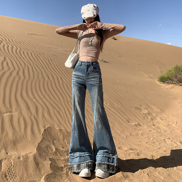 辣妹格子拼接微喇叭牛仔裤女 秋季新款设计感毛边马蹄喇叭裤 XS 复古蓝