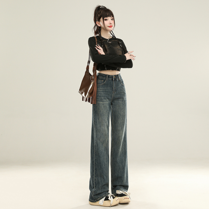 高街窄版直筒裤牛仔裤女款夏季2025新款美式高腰宽松阔腿裤子秋季 XS 美式蓝