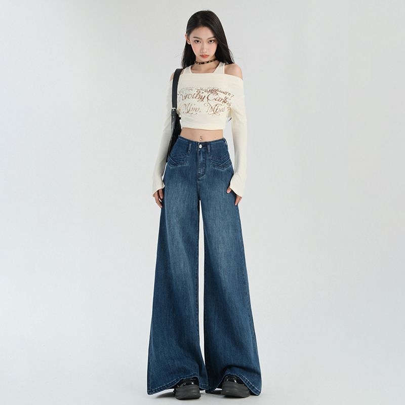 秋冬新款美式复古宽松低腰阔腿裤垂感拖地百搭牛仔裤女 8996 XS 复古蓝长裤