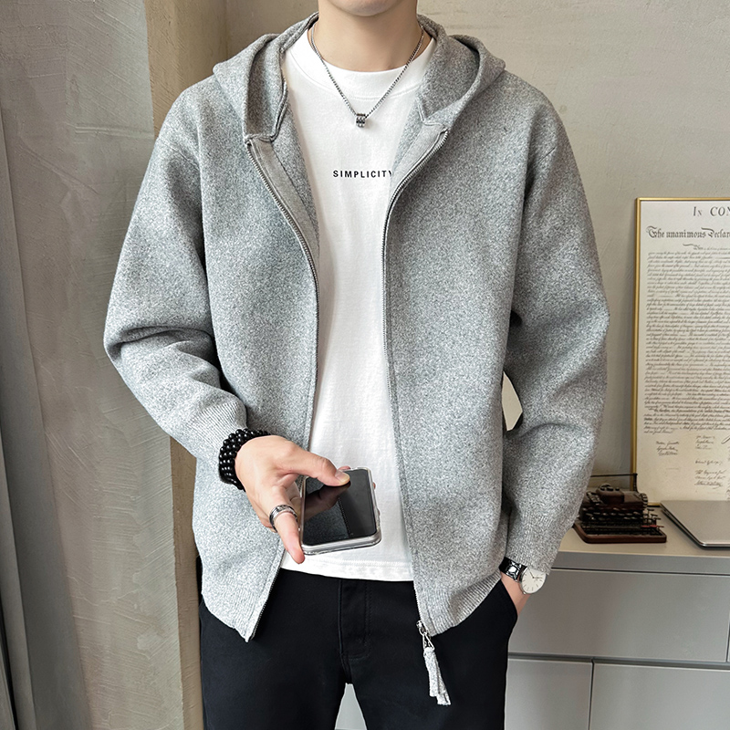 2025秋款男纯色拉链带帽毛衣（不起球）外套807-P130(控178) M 浅灰色