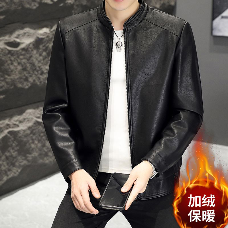 2359-抖音罗蒙同款新款男士皮衣休闲立领百搭皮夹克修身时尚韩版皮衣男 M 黑色