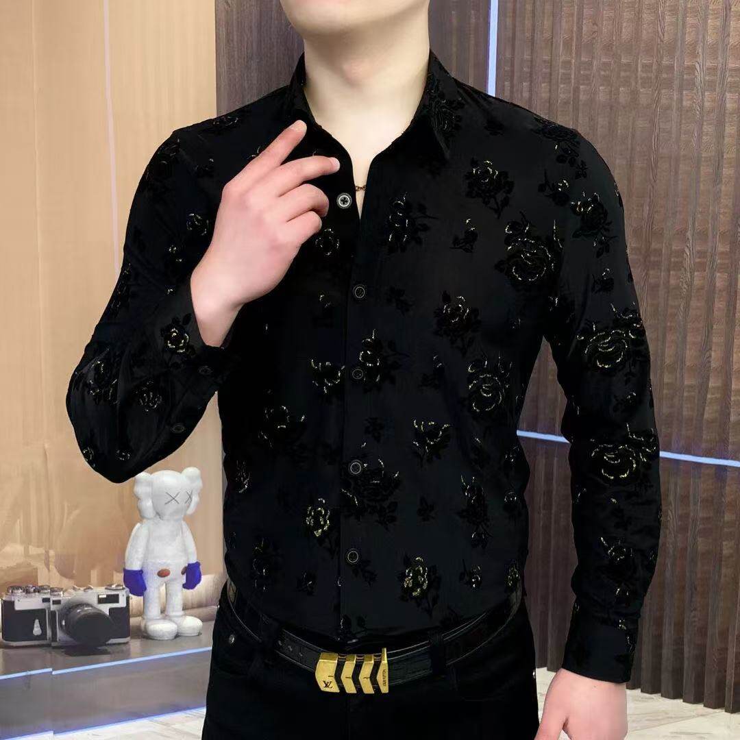 8801男士衬衫男黑金玫瑰长袖轻奢时尚潮流修身商务高品质 M 黑色