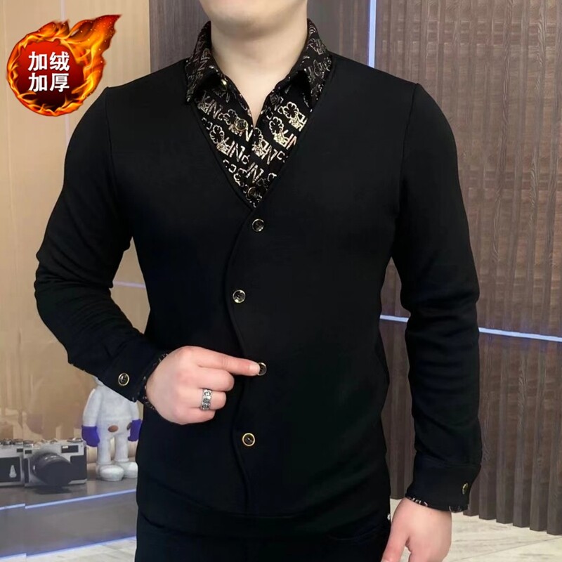 M115爆款男士纽扣假两件长袖时尚秋冬加绒加厚卫衣 M 黑色