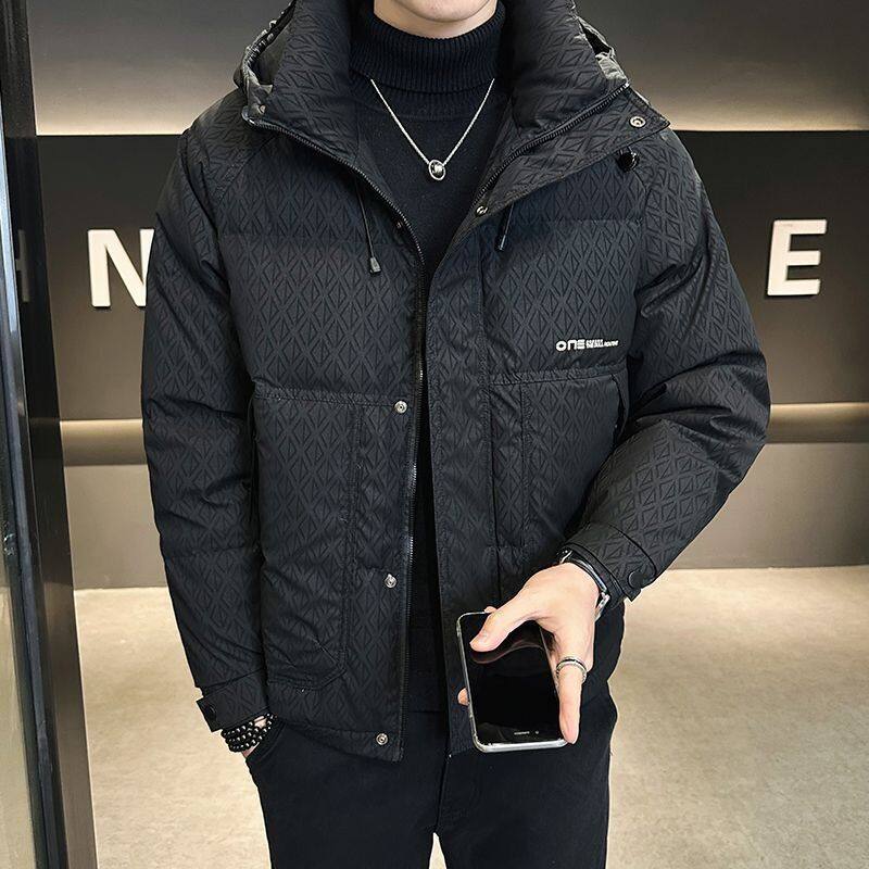 8512-连帽羽绒服男士新款冬季加厚保暖菱形格印花工装外套潮牌冬装 M 黑色