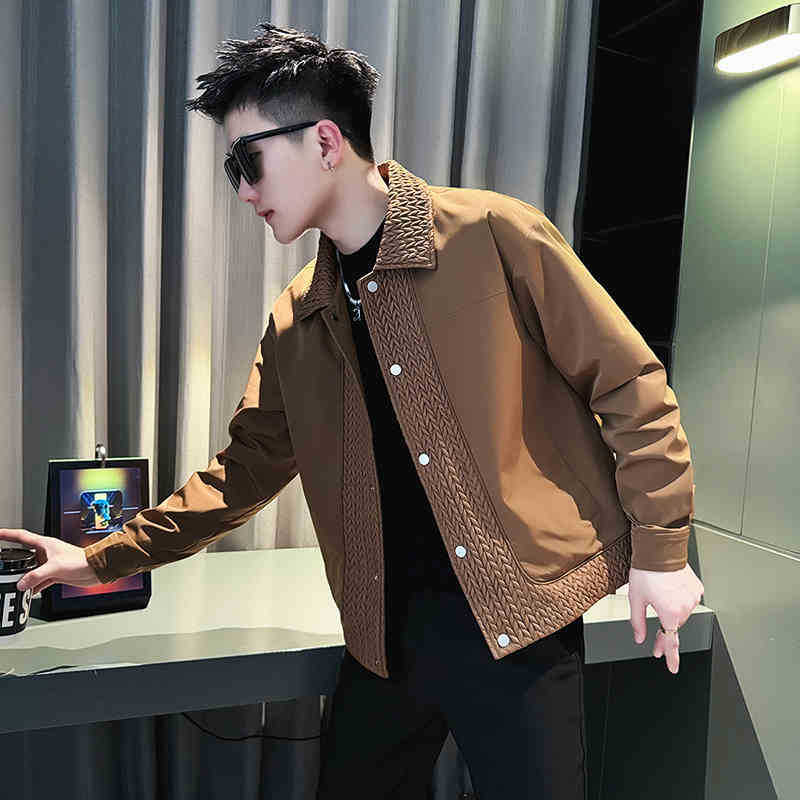 8064潮牌拼接外套男士春秋季新款痞帅设计感翻领短款夹克男款上衣 M 咖啡色