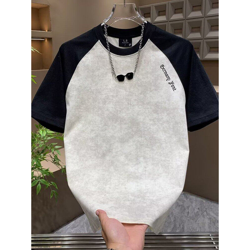 2025夏季新款时尚休闲短袖T恤男士潮流字母钢印圆领半袖韩版 M 杏色