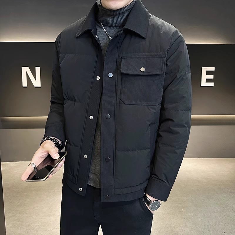 轻薄50绒羽绒服男短款潮牌冬季2025时尚休闲翻领百搭男士 M 黑色