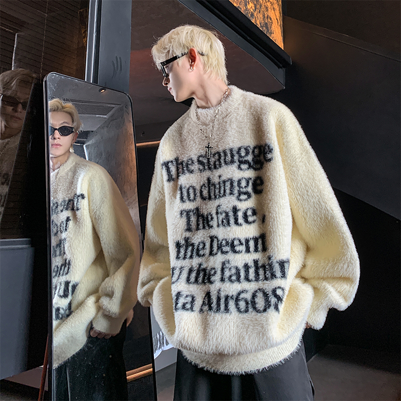 FKS-KM419-字母时尚毛衣男秋冬款美式高街慵懒风青少年潮牌冬季加绒加厚针织衫 M 奶白色