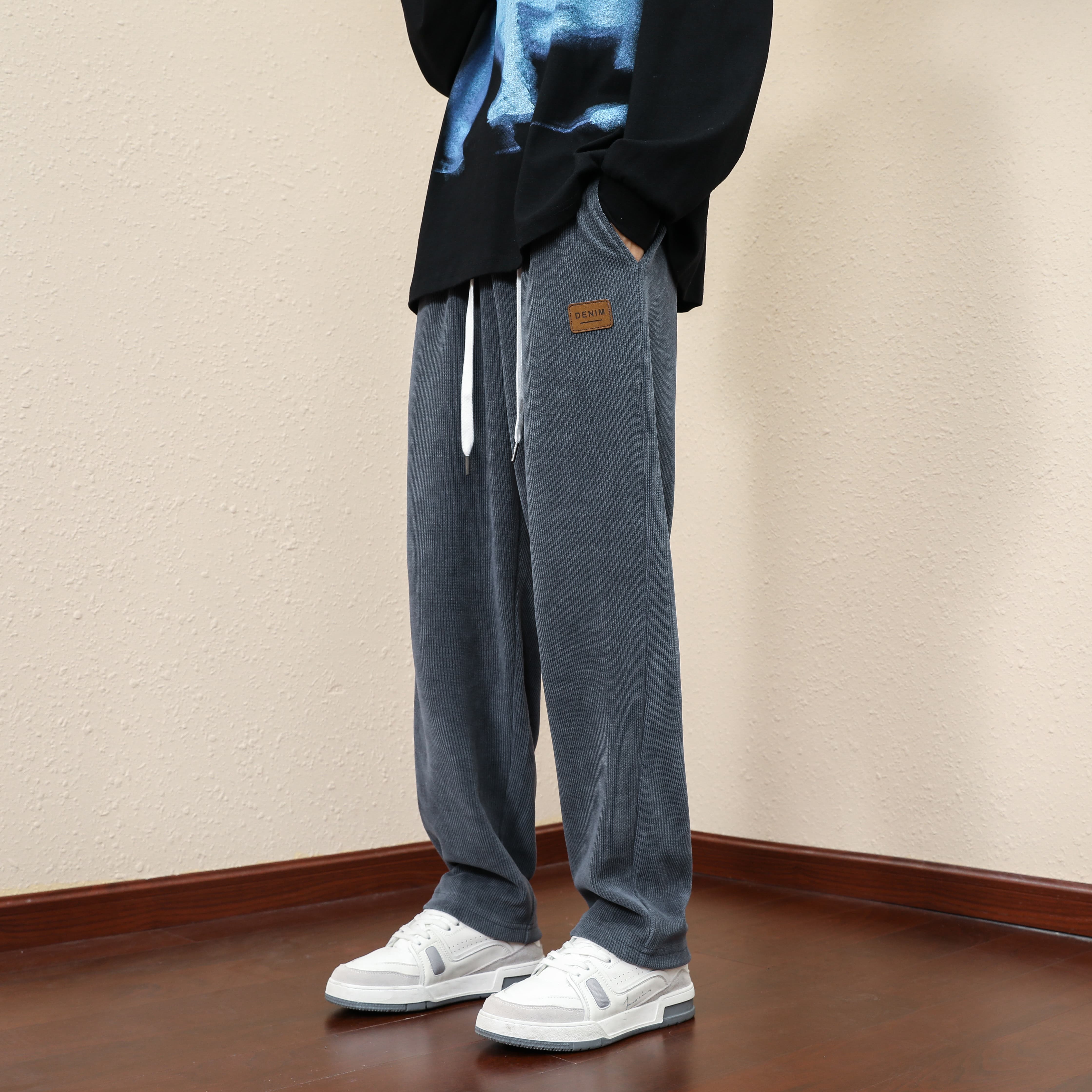 QLFY-2818-春夏秋季爆款男直筒垂感博澳绒宽松潮牌百搭男高街束脚抽绳运动休闲裤