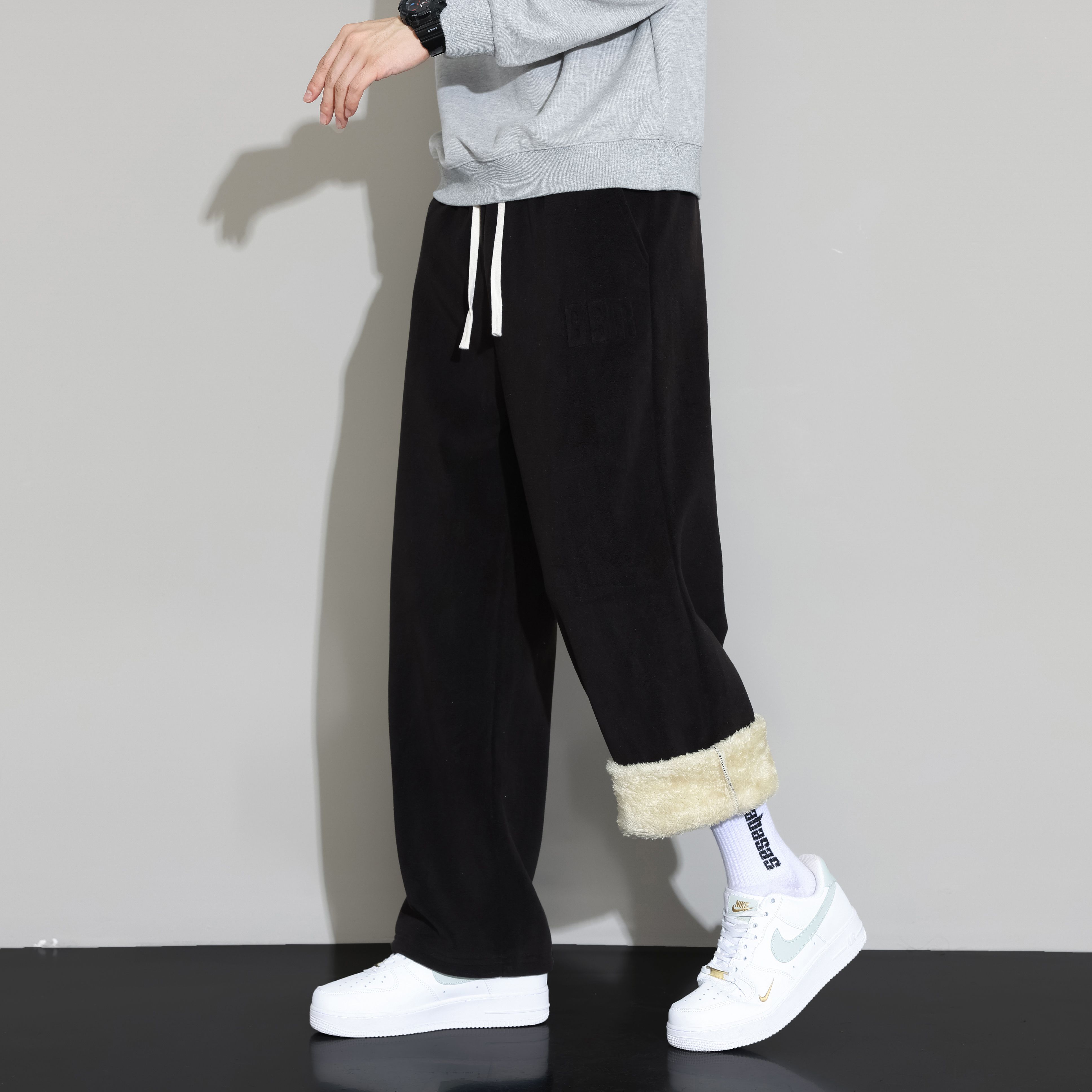 QLFY-N557-羊羔绒裤子男秋冬2023新款韩版潮流宽松直筒大码加绒 M 黑色